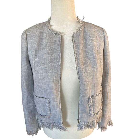 REBECCA TAYLOR size 2 fringe tweed jacket gray lined zipper front pockets fitted - Picture 1 of 11